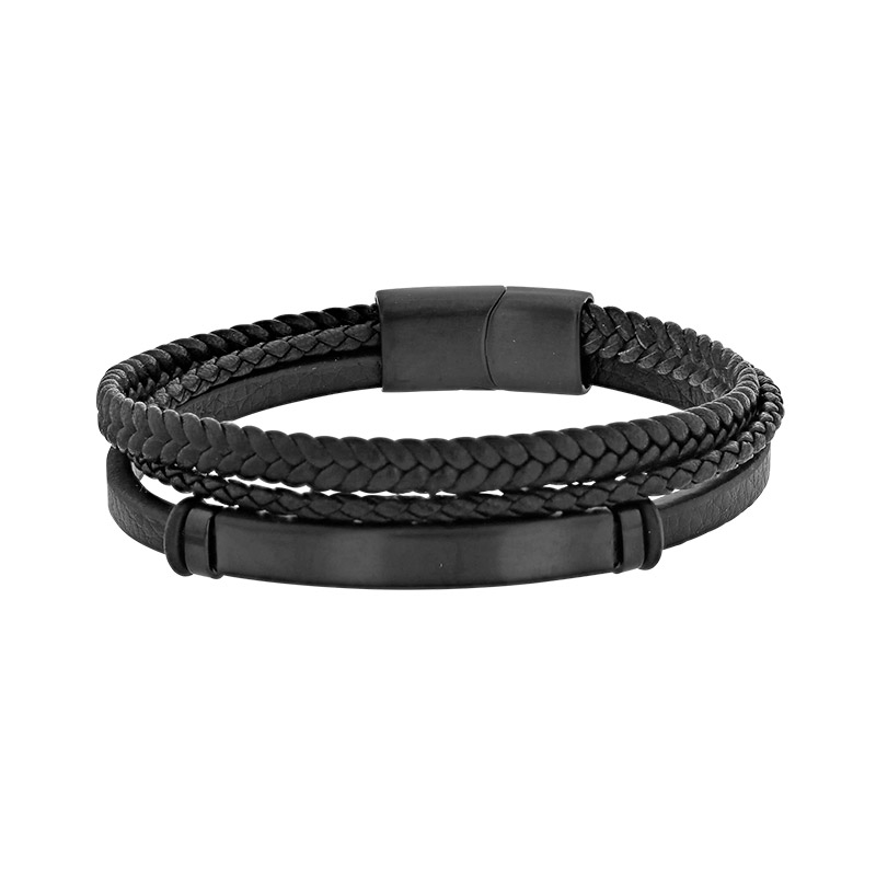 Bracelet 3 rangs synthétique noir torsadé