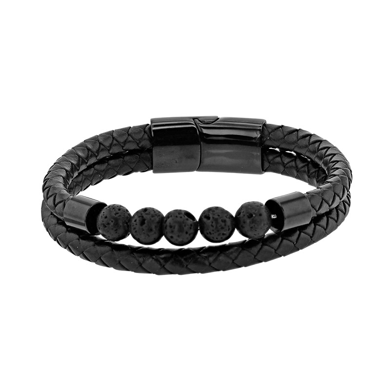 Bracelet 2 rangs synthétique tressé noir et pierres de lave, avec fermoir en acier
