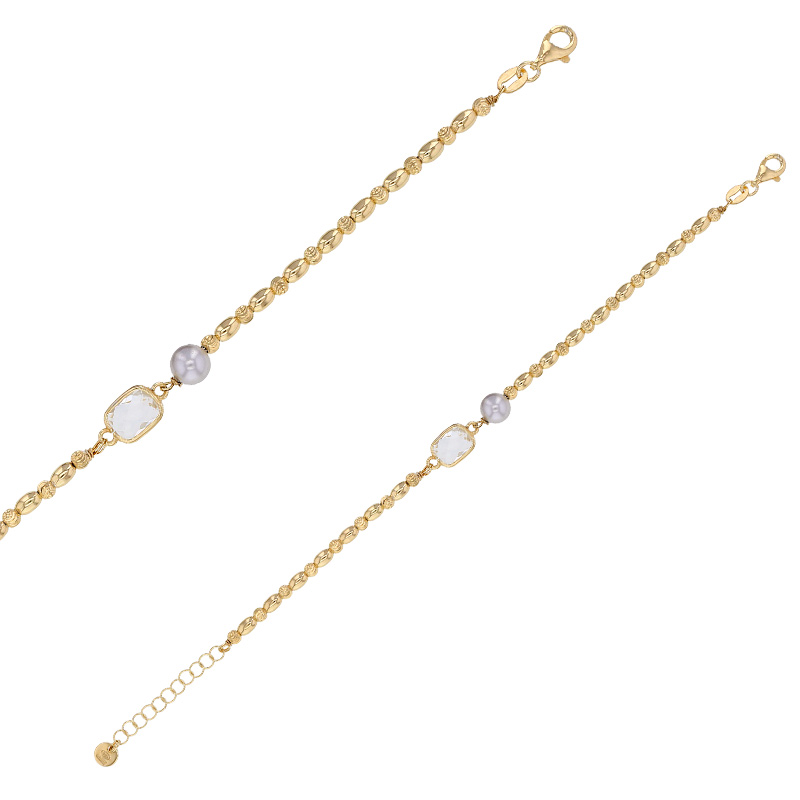 Bracelet rectangle en cristal blanc et perle de culture d'eau douce, argent 925/1000 doré