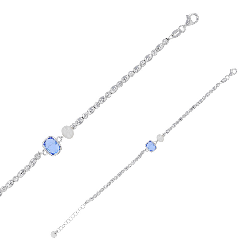 Bracelet rectangle en cristal bleu, perle de culture  d'eau douce argent 925/1000 rhodié