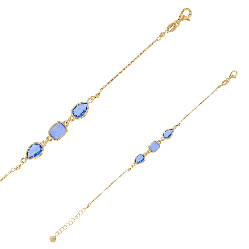 Bracelet rectangle en oeil de chat bleu et goutte en cristal bleu en argent 925/1000 doré
