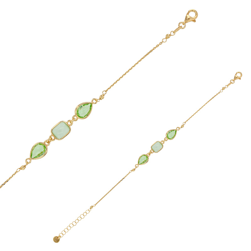 Bracelet rectangle et goutte oeil de chat et cristal vert pâle argent 925/1000 doré