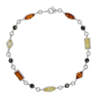 Bracelet rectangle/losange/rond ambre cognac, miel et gris en argent 925/1000 rhodié