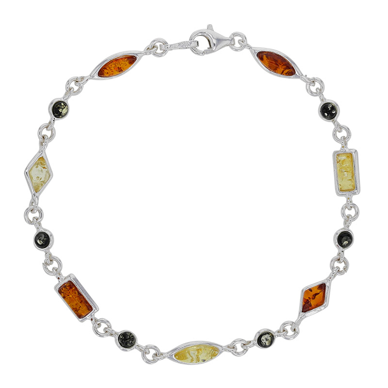 Bracelet rectangle/losange/rond ambre cognac, miel et gris en argent 925/1000 rhodié