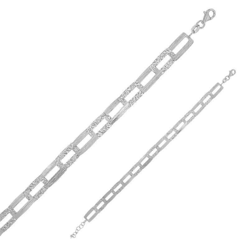 Bracelet rectangles brossés et ciselés, argent 925/1000 platiné