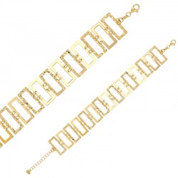 Bracelet rectangles martelés et lisses maille fantaisie, fermoir menotte, argent 925/1000 doré