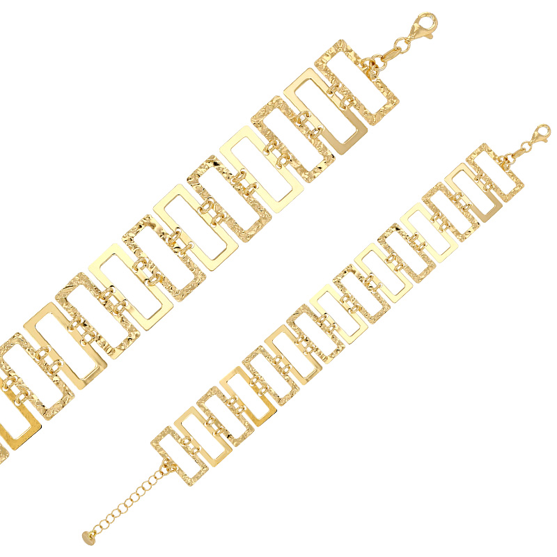 Bracelet rectangles martelés et lisses maille fantaisie, fermoir menotte, argent 925/1000 doré