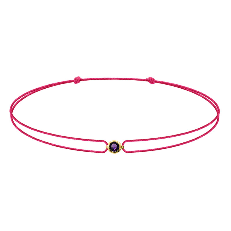 Bracelet réglable améthyste sertie clos, cordon nylon réglable rose cerise, Or 375/1000