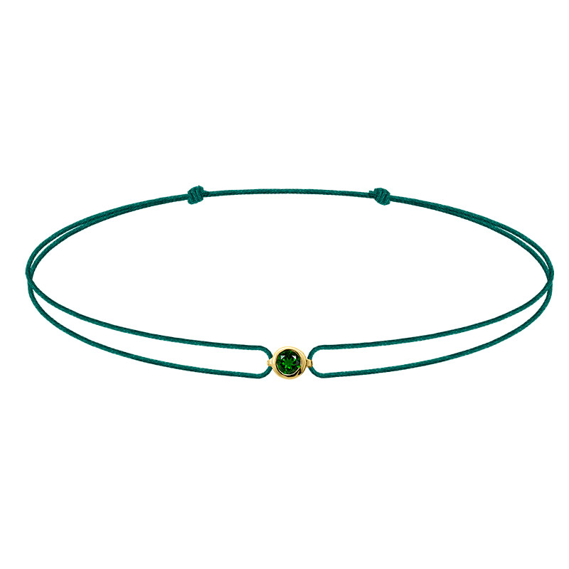 Bracelet réglable chrome diopside serti clos, cordon nylon vert sapin, Or 375/1000