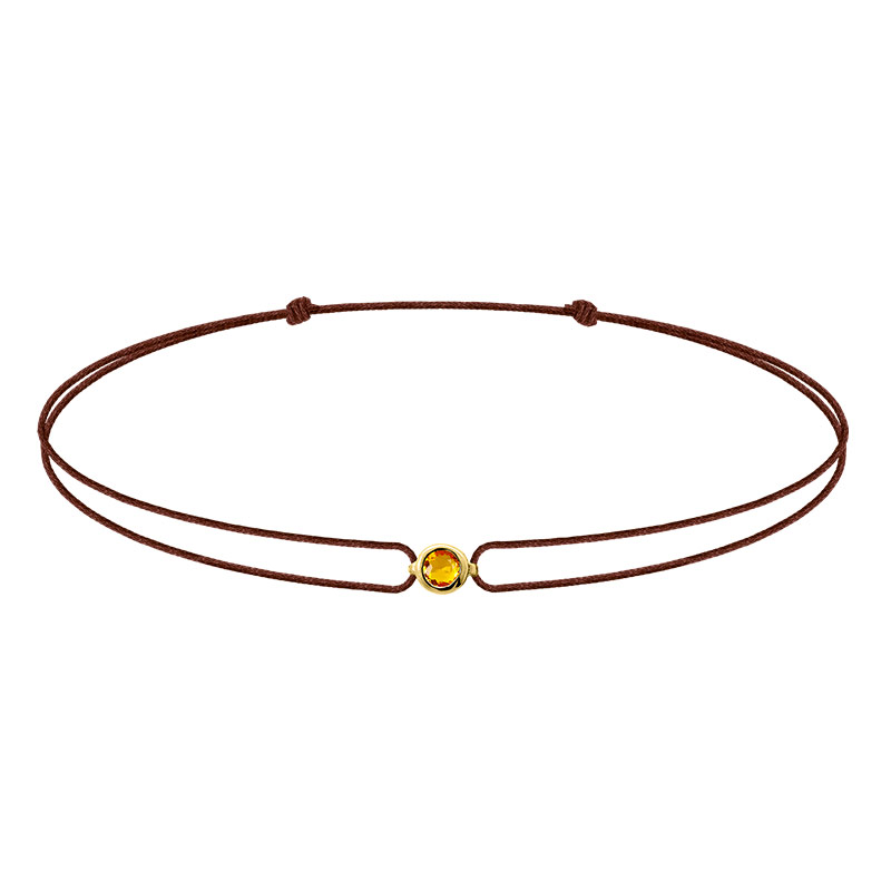 Bracelet réglable citrine sertie clos, cordon nylon réglable brun, Or 375/1000