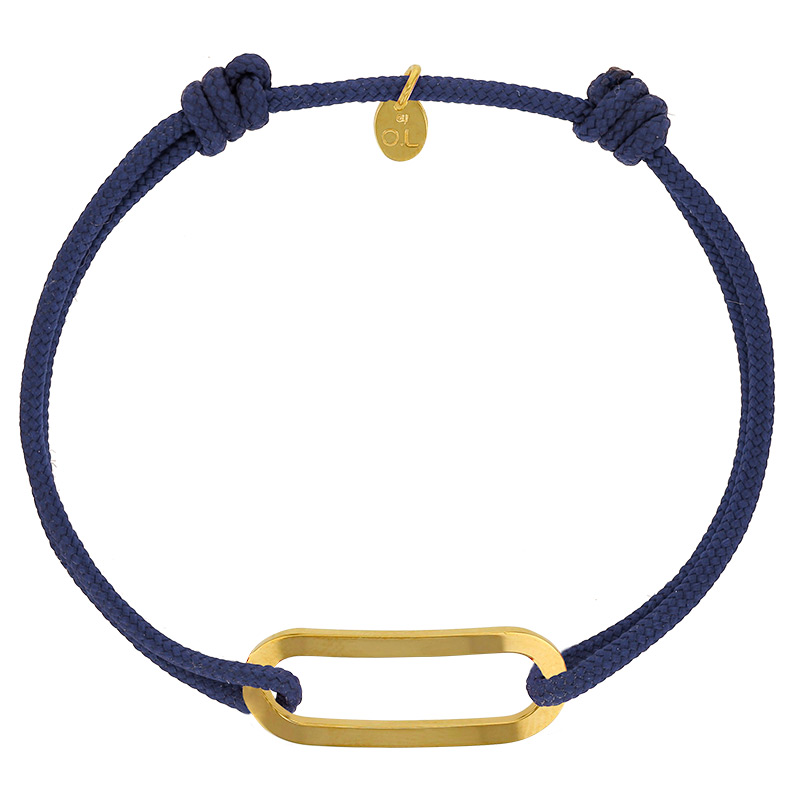 Bracelet réglable cordon bleu marine, anneau Figaro taille L en argent 925/1000 rhodié