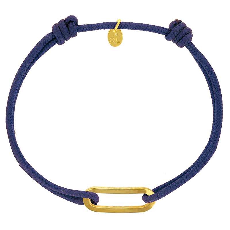 Bracelet réglable cordon bleu marine, anneau Figaro taille M en argent 925/1000 rhodié