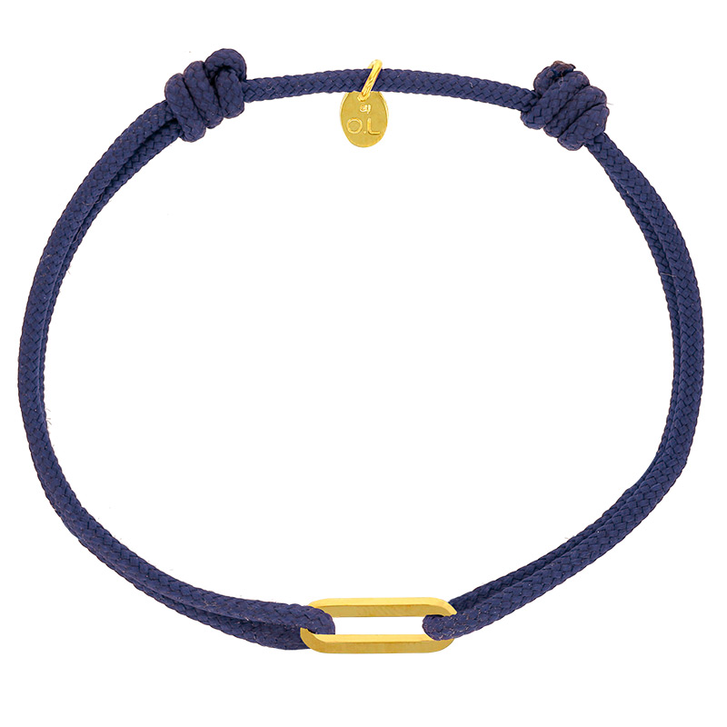Bracelet réglable cordon bleu marine, anneau Figaro taille S en argent 925/1000 rhodié