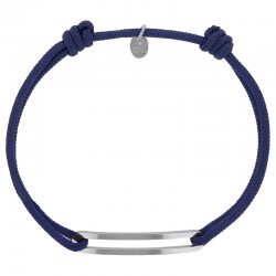 Bracelet réglable cordon bleu marine, anneau Figaro taille XL en argent 925/1000 rhodié