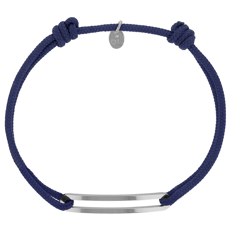 Bracelet réglable cordon bleu marine, anneau Figaro taille XL en argent 925/1000 rhodié