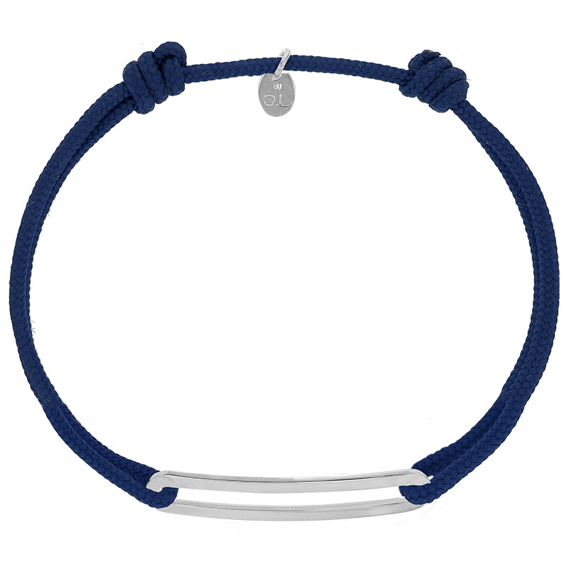 Bracelet réglable cordon bleu marine, anneau Figaro taille XL en argent 925/1000 rhodié