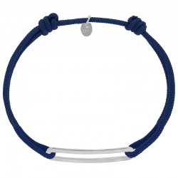 Bracelet réglable cordon bleu marine, anneau Figaro taille XL en argent 925/1000 rhodié