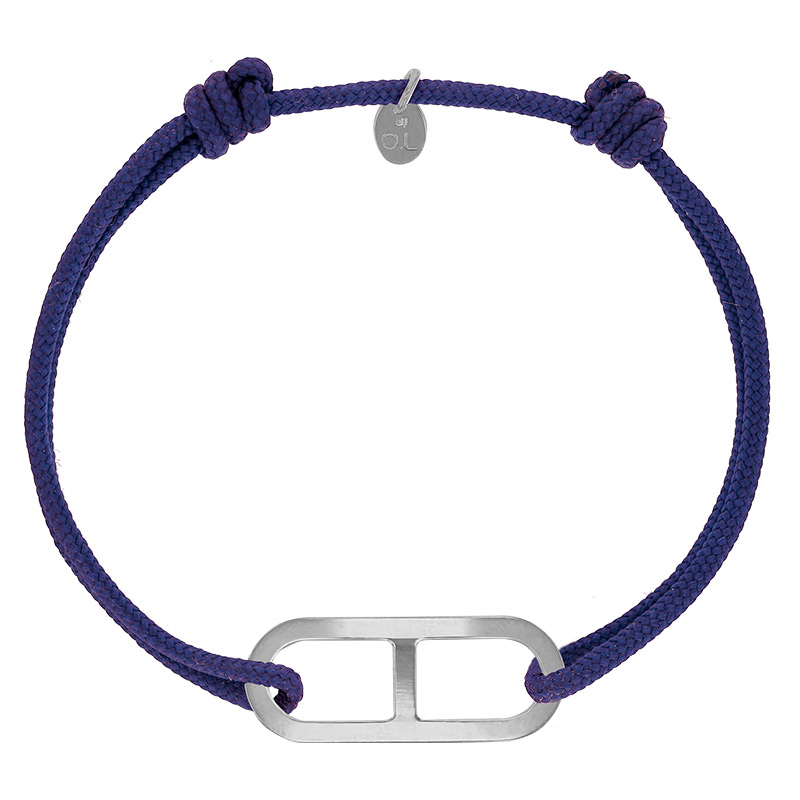 Bracelet réglable cordon bleu marine, anneau Gaby taille L en argent 925/1000 rhodié