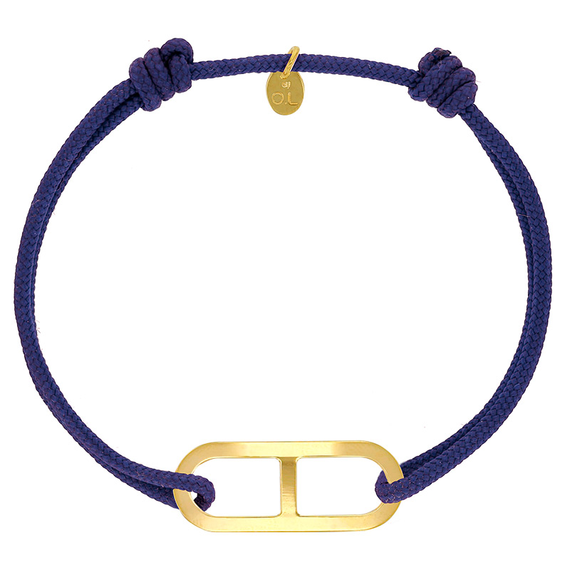 Bracelet réglable cordon bleu marine, anneau Gaby taille L en argent 925/1000 rhodié