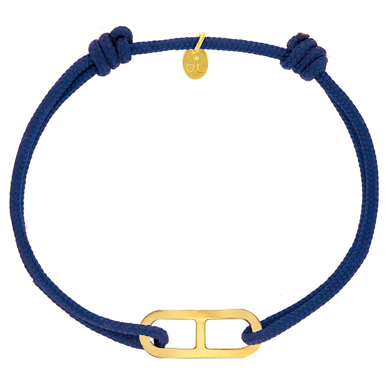 Bracelet réglable cordon bleu marine, anneau Gaby taille M en argent 925/1000 rhodié