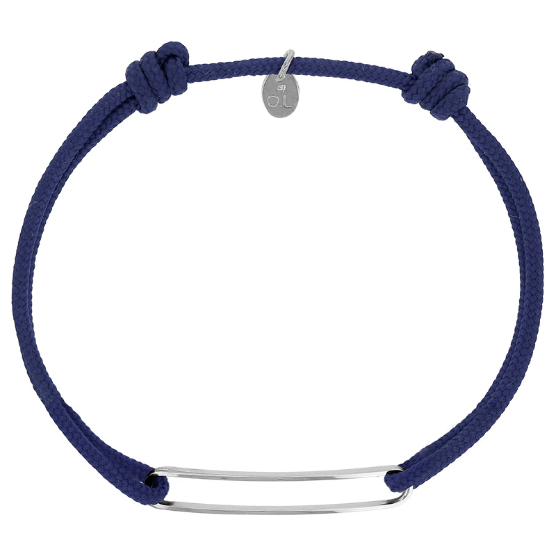Bracelet réglable cordon bleu marine, anneau Harper en argent 925/1000 rhodié