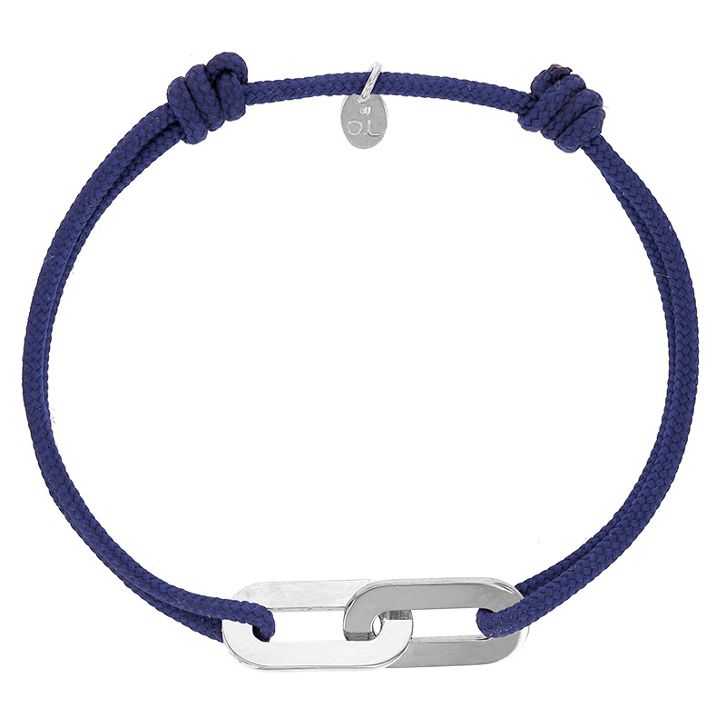 Bracelet réglable cordon bleu marine, anneau Jean-Jean en argent 925/1000 rhodié