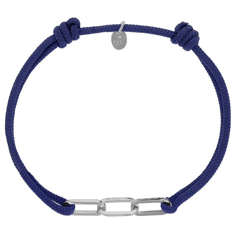 Bracelet réglable cordon bleu marine, anneau Jody en argent 925/1000 rhodié