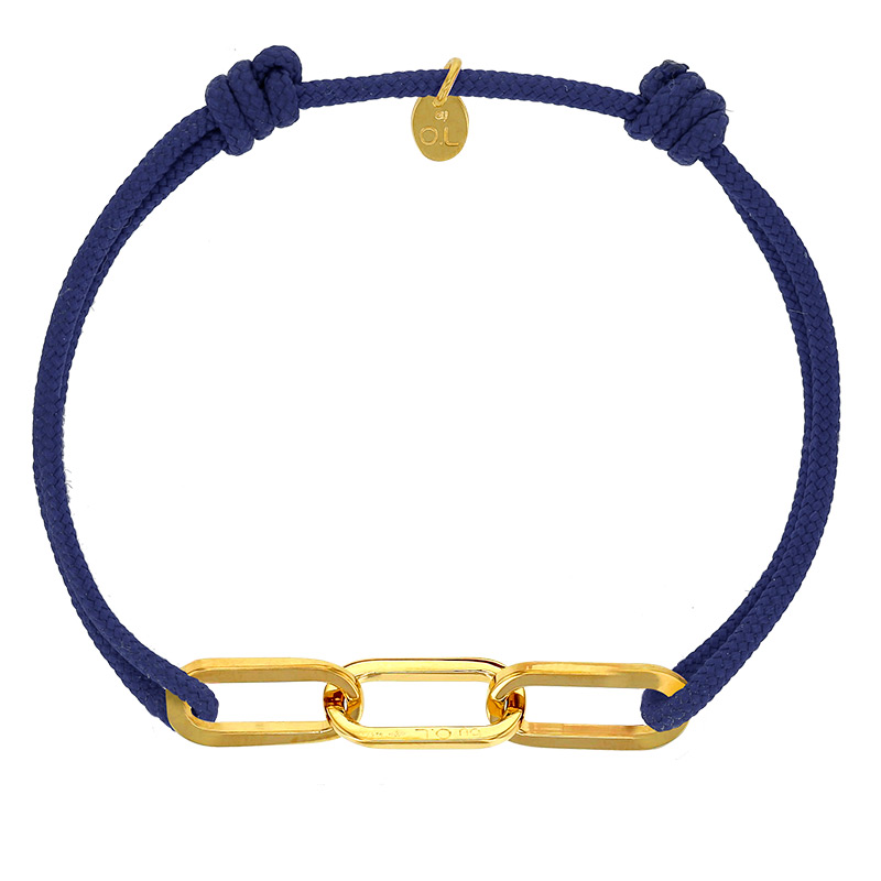 Bracelet réglable cordon bleu marine, anneau Jody en argent 925/1000 rhodié