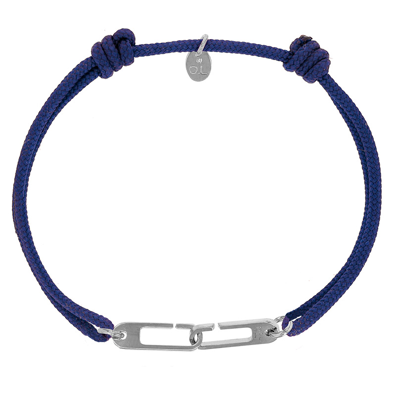 Bracelet réglable cordon bleu marine, anneau Osmose taille M en argent 925/1000 rhodié