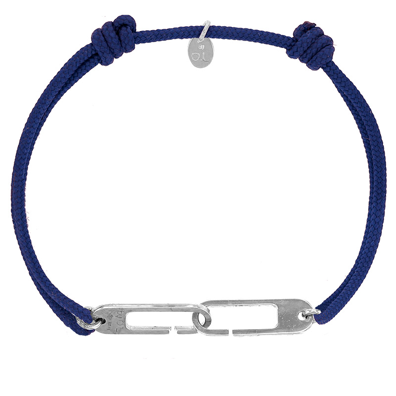 Bracelet réglable cordon bleu marine, anneau Osmose taille XL en argent 925/1000 rhodié