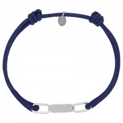 Bracelet réglable cordon bleu marine, anneau Sacha en argent 925/1000 rhodié