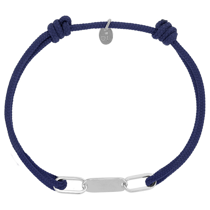 Bracelet réglable cordon bleu marine, anneau Sacha en argent 925/1000 rhodié