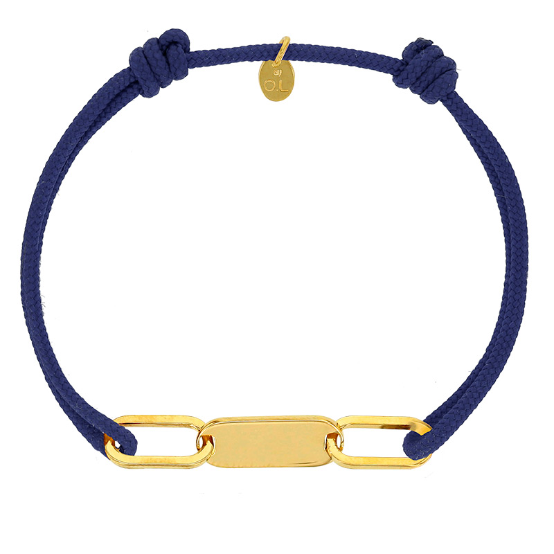 Bracelet réglable cordon bleu marine, anneau Sacha en argent 925/1000 rhodié