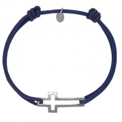 Bracelet réglable cordon bleu marine, anneau St James en argent 925/1000 rhodié