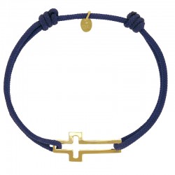 Bracelet réglable cordon bleu marine, anneau St James en argent 925/1000 rhodié