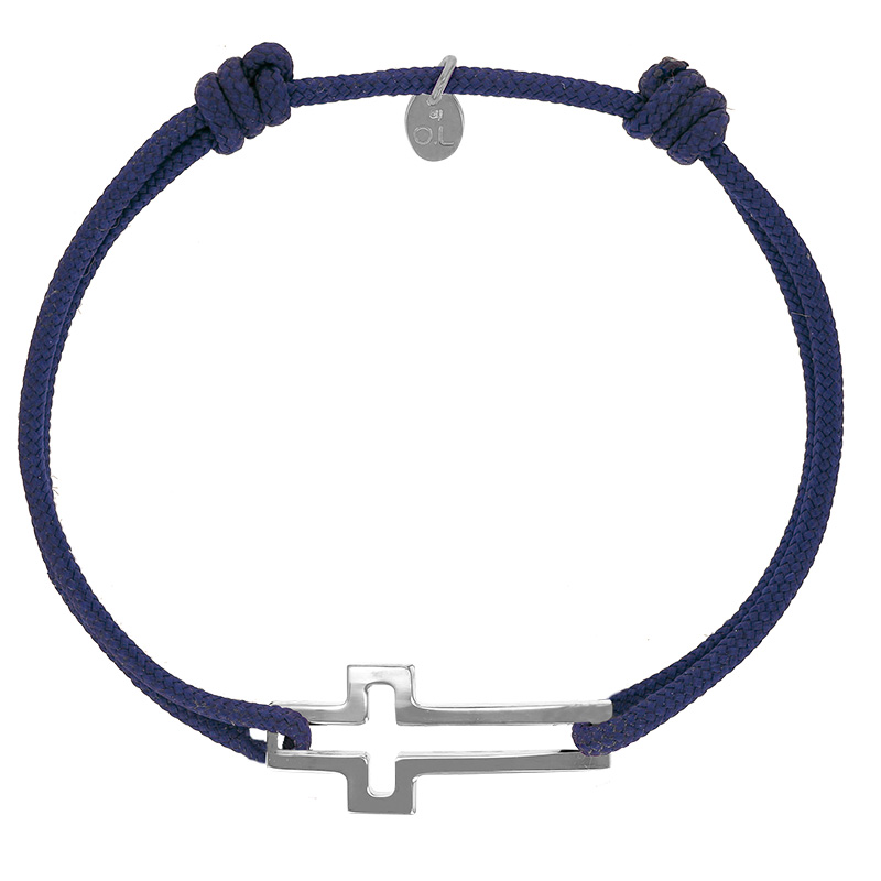 Bracelet réglable cordon bleu marine, anneau St James en argent 925/1000 rhodié