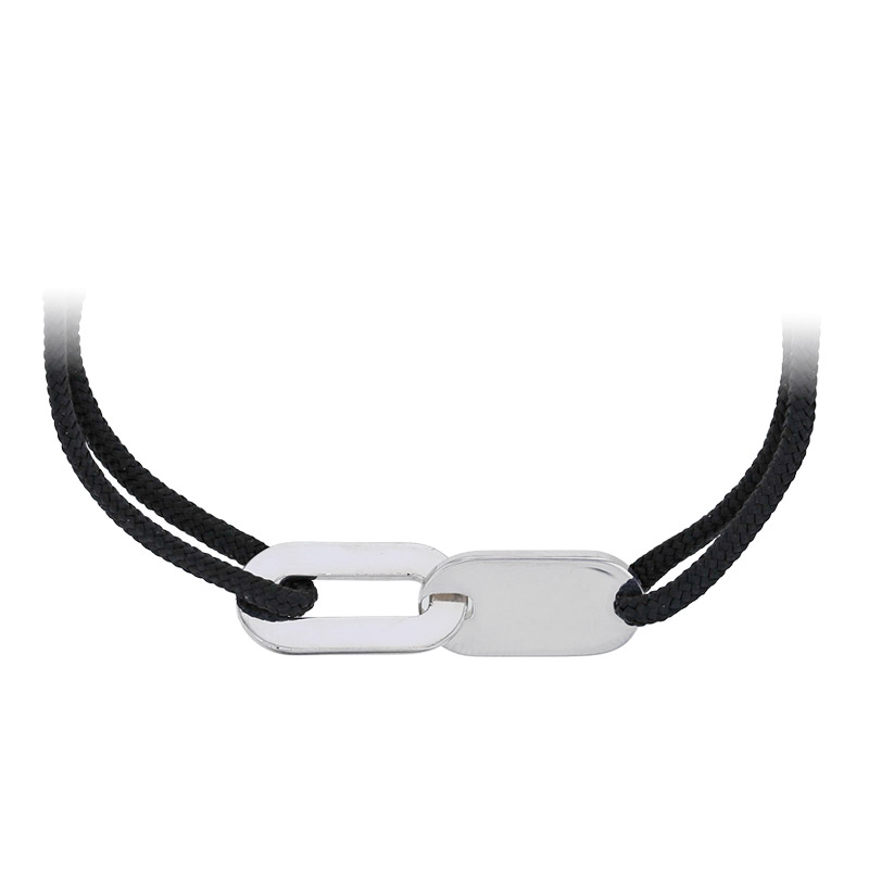 Bracelet réglable cordon bleu marine, anneau St John en argent 925/1000 rhodié