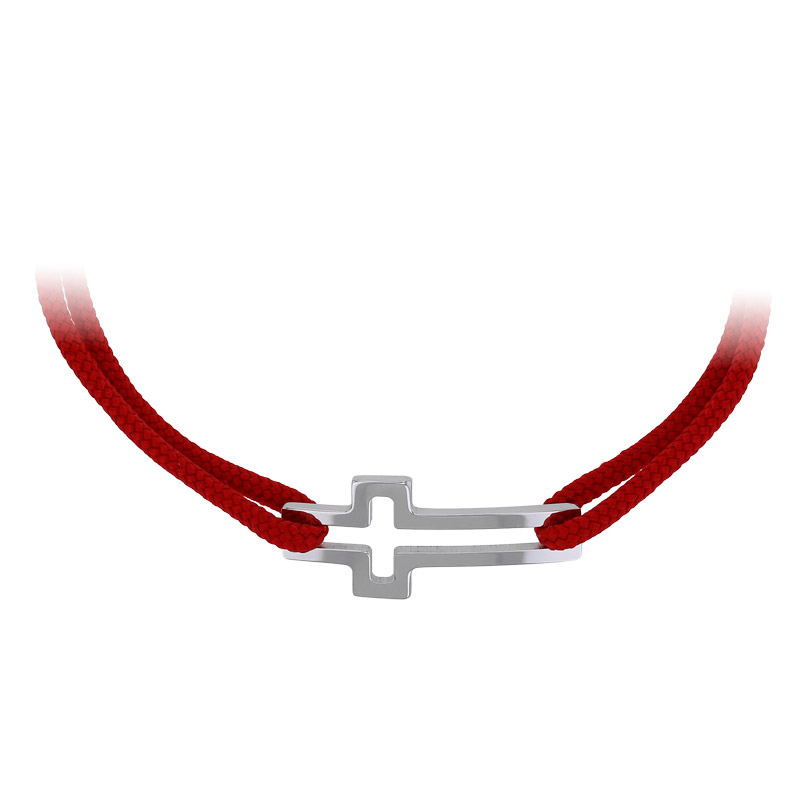 Bracelet réglable cordon bleu marine, anneau St John en argent 925/1000 rhodié