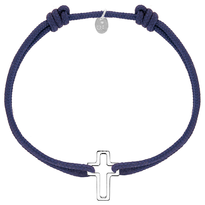Bracelet réglable cordon bleu marine, anneau St John en argent 925/1000 rhodié
