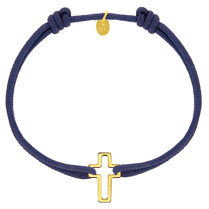 Bracelet réglable cordon bleu marine, anneau St John en argent 925/1000 rhodié