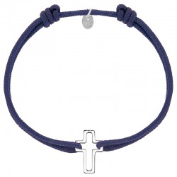 Bracelet réglable cordon bleu marine, anneau St John en argent 925/1000 rhodié