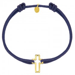 Bracelet réglable cordon bleu marine, anneau St John en argent 925/1000 rhodié