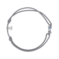 Bracelet réglable cordon coton gris motif chat en émail, argent 925/1000 rhodié