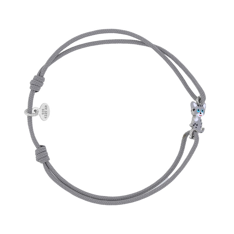 Bracelet réglable cordon coton gris motif chat en émail, argent 925/1000 rhodié