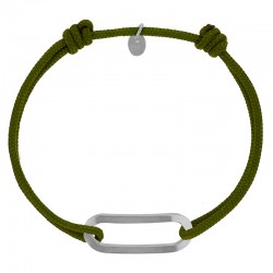 Bracelet réglable cordon kaki, anneau Figaro taille L en argent 925/1000 rhodié