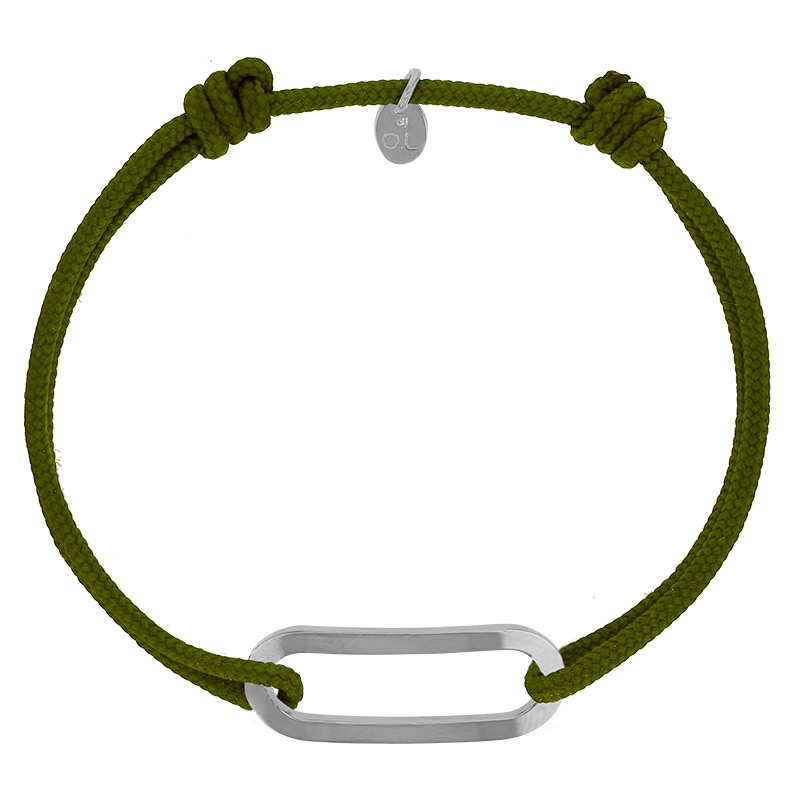 Bracelet réglable cordon kaki, anneau Figaro taille L en argent 925/1000 rhodié