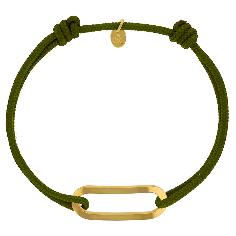 Bracelet réglable cordon kaki, anneau Figaro taille L en argent 925/1000 rhodié