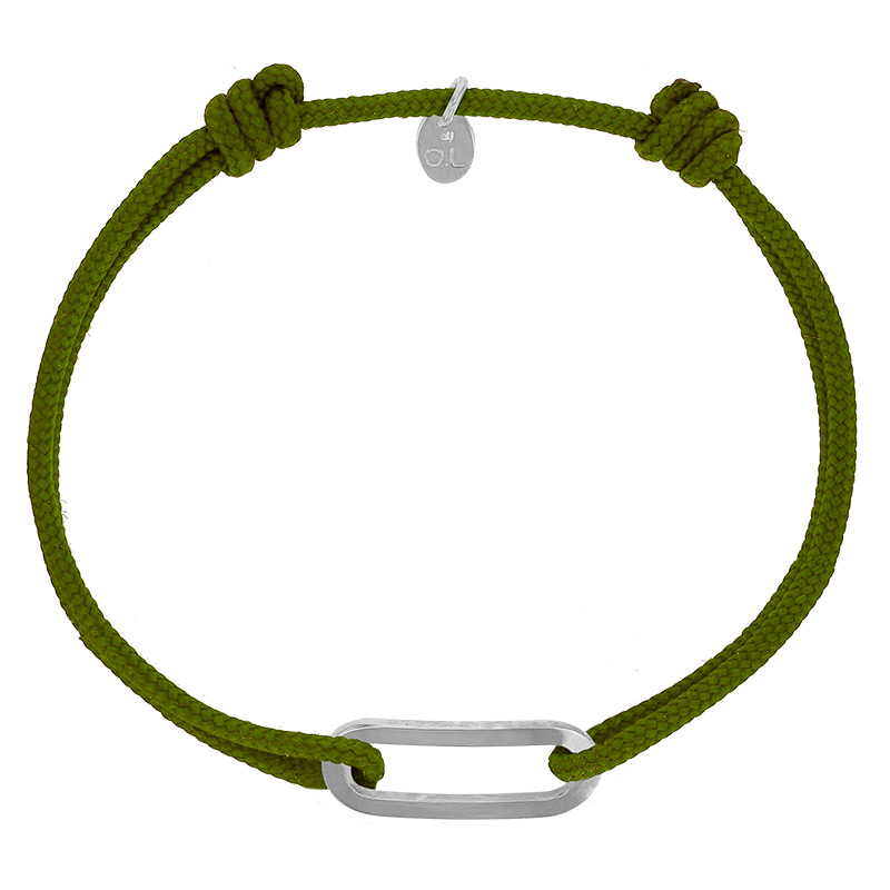 Bracelet réglable cordon kaki, anneau Figaro taille M en argent 925/1000 rhodié