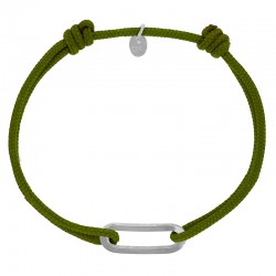 Bracelet réglable cordon kaki, anneau Figaro taille M en argent 925/1000 rhodié