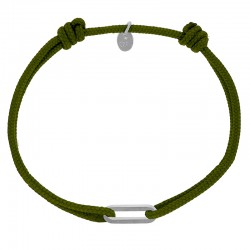 Bracelet réglable cordon kaki, anneau Figaro taille S en argent 925/1000 rhodié